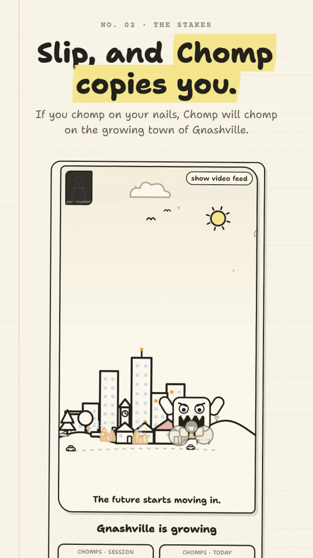 StopChomp session screen mid-rampage: Chomp stomping through Gnashville with two buildings on fire, captioned 'Slip, and Chomp copies you.'