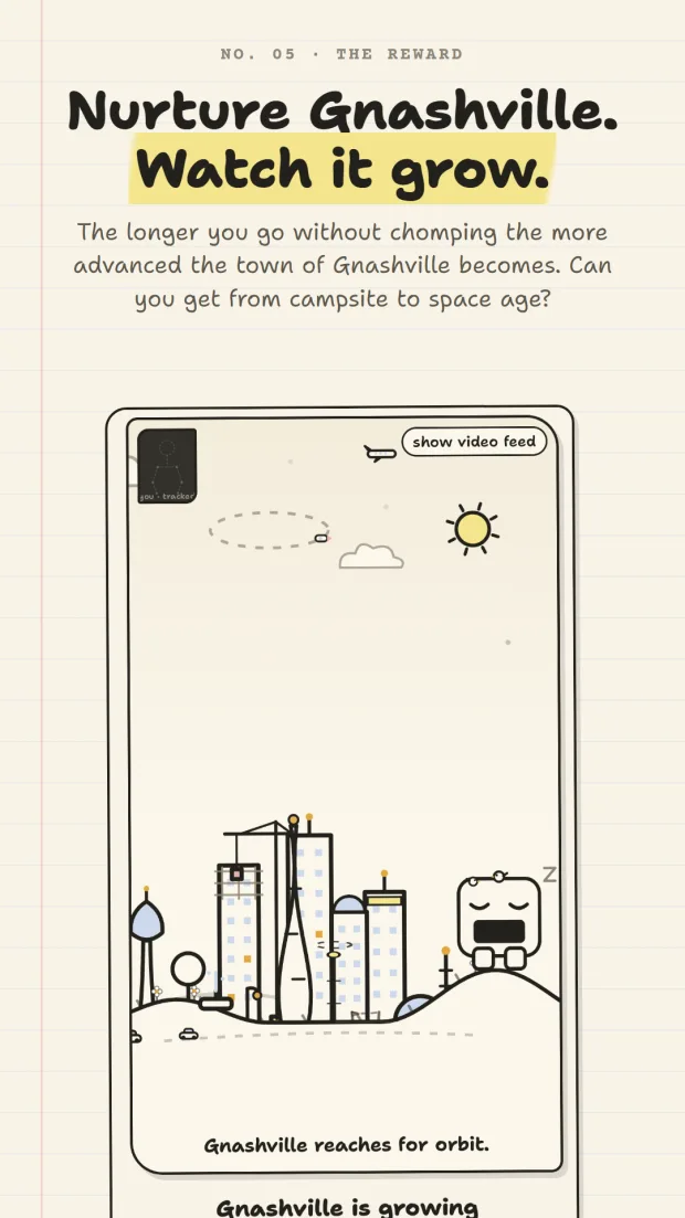 A thriving late-game Gnashville with skyscrapers and a rocket on the pad while Chomp naps, captioned 'Nurture Gnashville. Watch it grow.'